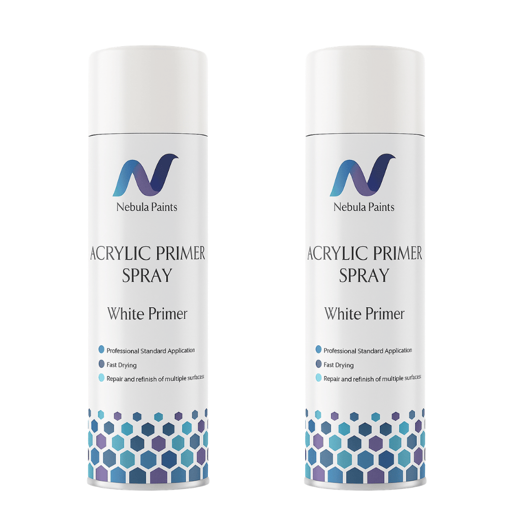 Nebula Paints Acrylic Primer Spray (500ml) - Two white acrylic primer spray cans for professional application.